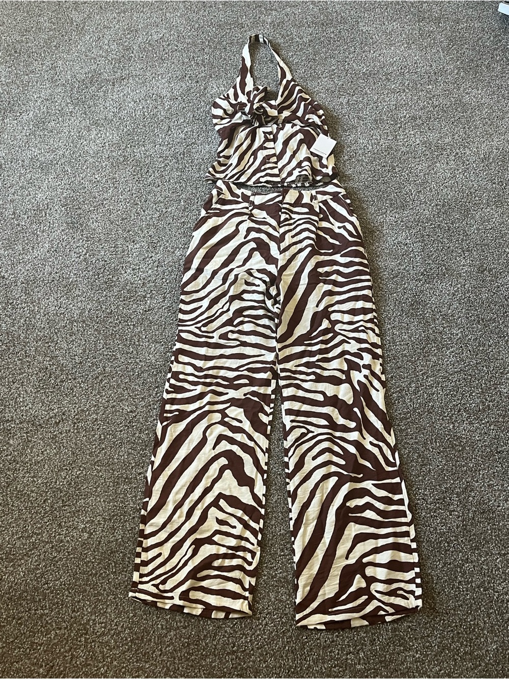 Lovetree Women's Medium Zebra-Print Halter Two Piece in Brown & Cream